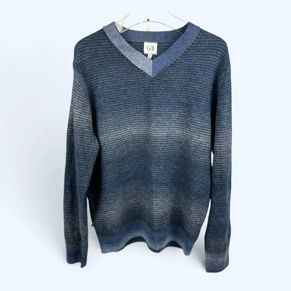 Geoffrey Beene V-Neck Blue Ombre Stripe Sweater Men's Size Medium